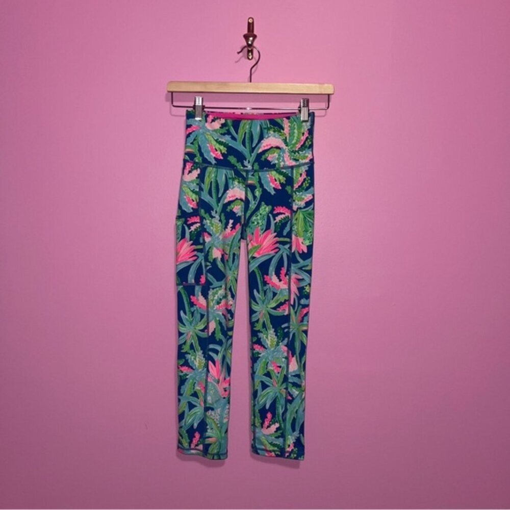 Lilly Pultizer Leggings Women's Size XXS Sweet Escape Teal Pink Crop High-Rise‎ - Picture 2 of 11